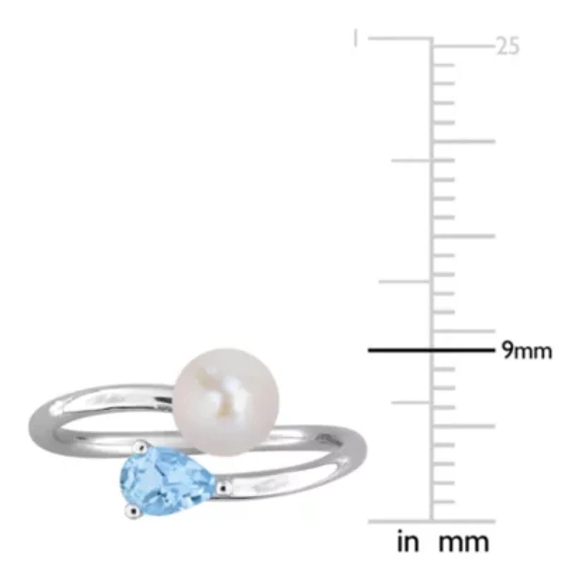 Sky Blue Topaz & 6-6.5mm White Freshwater Cultured Pearl Ring Sterling Silver