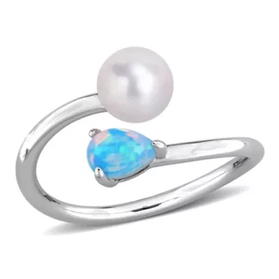 Ethiopian Opal & 6 - 6.5 mm Freshwater Cultured Pearl Ring Sterling Silver