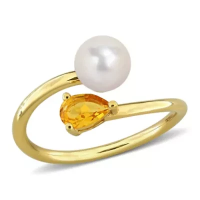 Citrine & 6 - 6.5mm Freshwater Cultured Pearl Ring Yellow Plated Sterling Silver