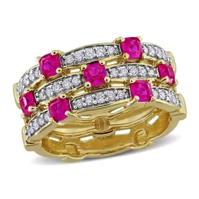 Lab Created Grown Diamond & Ruby Eternity Ring Yellow Plated Sterling Silver