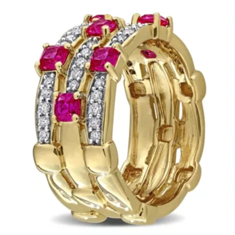 Lab Created Grown Diamond & Ruby Eternity Ring Yellow Plated Sterling Silver