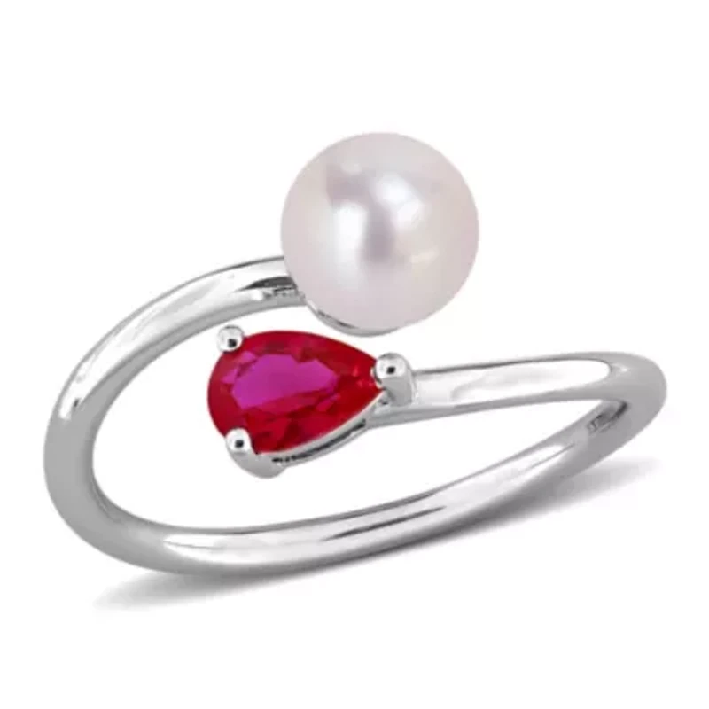 Lab Created Ruby & 6-6.5mm Freshwater Cultured Pearl Ring Sterling Silver
