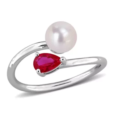 Lab Created Ruby & 6-6.5mm Freshwater Cultured Pearl Ring Sterling Silver