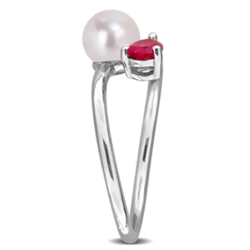 Lab Created Ruby & 6-6.5mm Freshwater Cultured Pearl Ring Sterling Silver