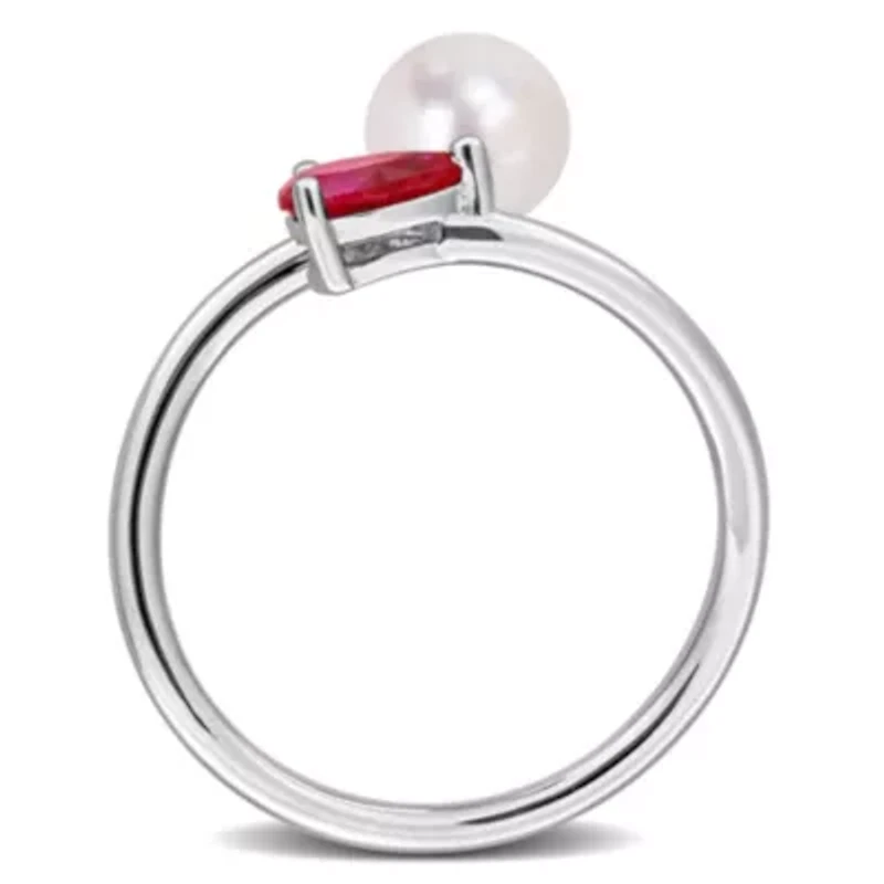 Lab Created Ruby & 6-6.5mm Freshwater Cultured Pearl Ring Sterling Silver