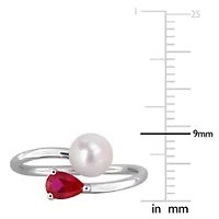 Lab Created Ruby & 6-6.5mm Freshwater Cultured Pearl Ring Sterling Silver