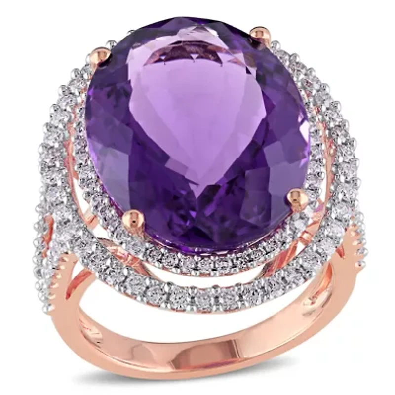 Amethyst & Diamond Double Hallo Cockjtail Ring 14K Rose Gold