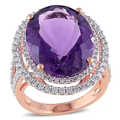 Amethyst & Diamond Double Hallo Cockjtail Ring 14K Rose Gold