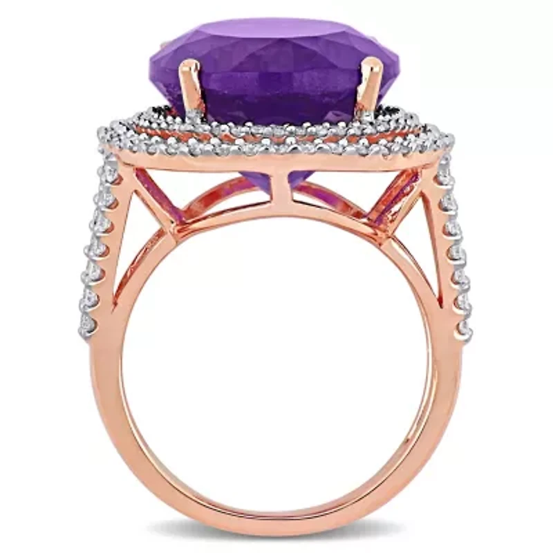 Amethyst & Diamond Double Hallo Cockjtail Ring 14K Rose Gold