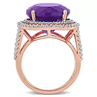 Amethyst & Diamond Double Hallo Cockjtail Ring 14K Rose Gold