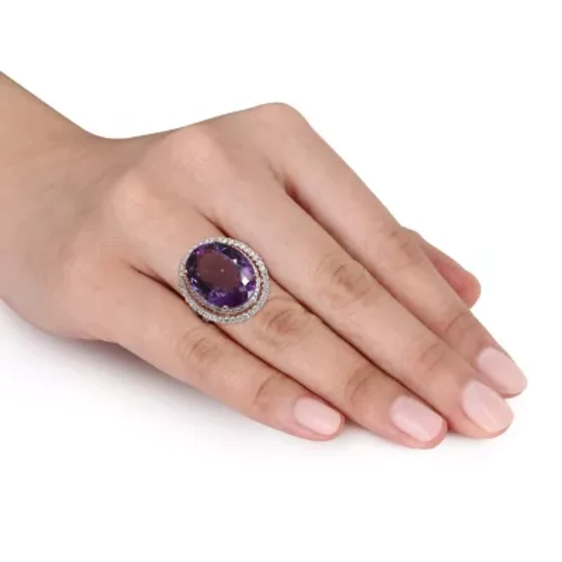 Amethyst & Diamond Double Hallo Cockjtail Ring 14K Rose Gold