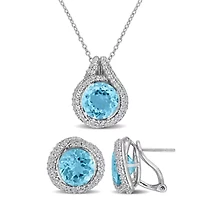 Sparkling Gemstone & White Topaz Pendant Earring Jewelry Set Sterling Silver