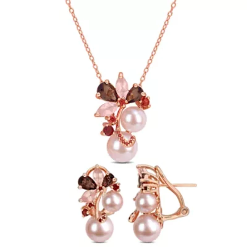 Elegant Cultured Pearl & Gemstone Cluster Jewelry Set Sterling Silver