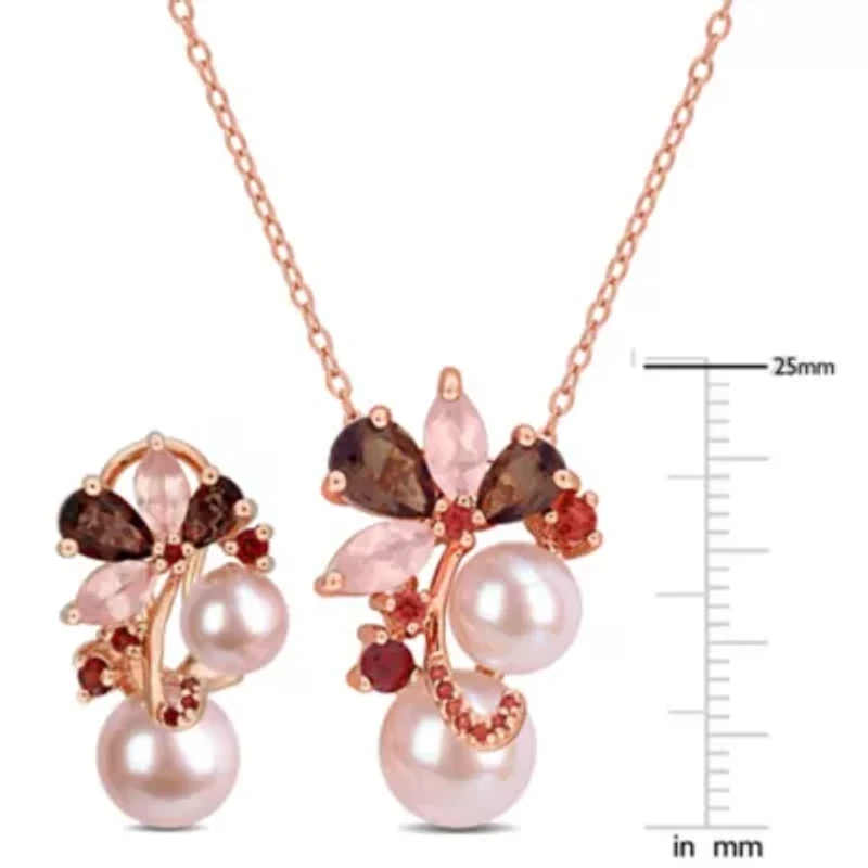 Elegant Cultured Pearl & Gemstone Cluster Jewelry Set Sterling Silver