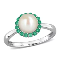 7-7.5 mm Freshwater Cultured Pearl & Gemstone Halo Ring Sterling Silver