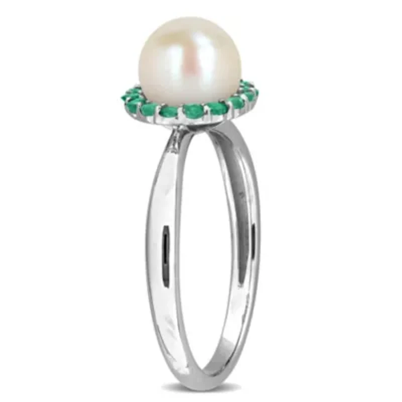 7-7.5 mm Freshwater Cultured Pearl & Gemstone Halo Ring Sterling Silver