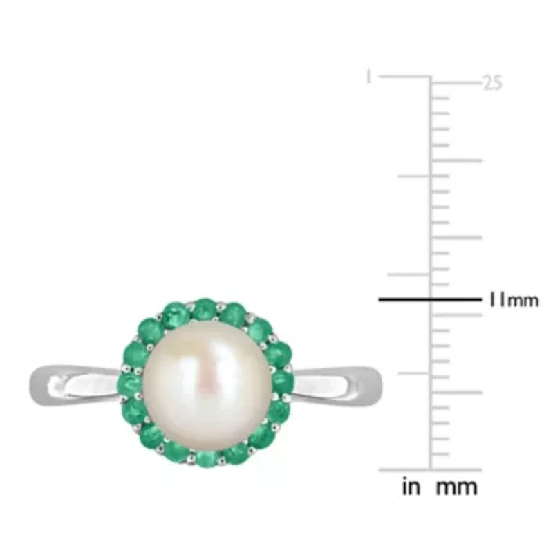 7-7.5 mm Freshwater Cultured Pearl & Gemstone Halo Ring Sterling Silver