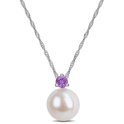 7-7.5 mm Freshwater Cultured Pearl & Gemstone Pendant with Chain 14k White Gold