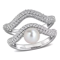 6-6.5mm Freshwater Cultured Pearl & White Topaz Modern Curved Ring Set Sterling Silver