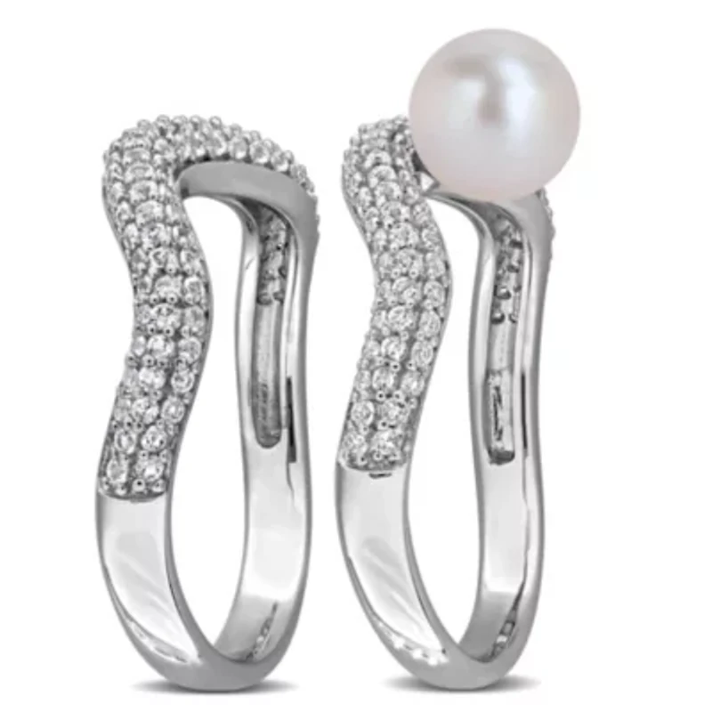 6-6.5mm Freshwater Cultured Pearl & White Topaz Modern Curved Ring Set Sterling Silver