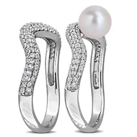 6-6.5mm Freshwater Cultured Pearl & White Topaz Modern Curved Ring Set Sterling Silver