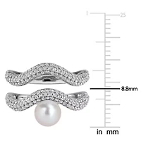 6-6.5mm Freshwater Cultured Pearl & White Topaz Modern Curved Ring Set Sterling Silver