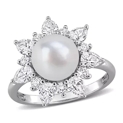 Lab Created 8-8.5mm Freshwater Cultured Pearl & White Sapphire Floral Cocktail Ring Sterling Silver