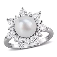 Lab Created 8-8.5mm Freshwater Cultured Pearl & White Sapphire Floral Cocktail Ring Sterling Silver