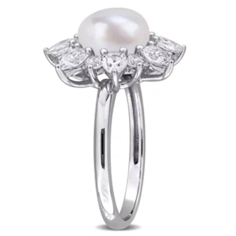 Lab Created 8-8.5mm Freshwater Cultured Pearl & White Sapphire Floral Cocktail Ring Sterling Silver