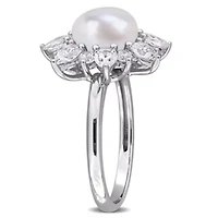 Lab Created 8-8.5mm Freshwater Cultured Pearl & White Sapphire Floral Cocktail Ring Sterling Silver
