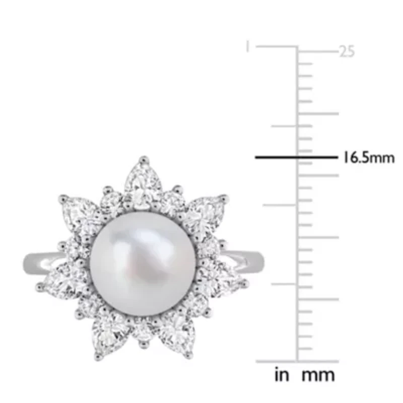 Lab Created 8-8.5mm Freshwater Cultured Pearl & White Sapphire Floral Cocktail Ring Sterling Silver