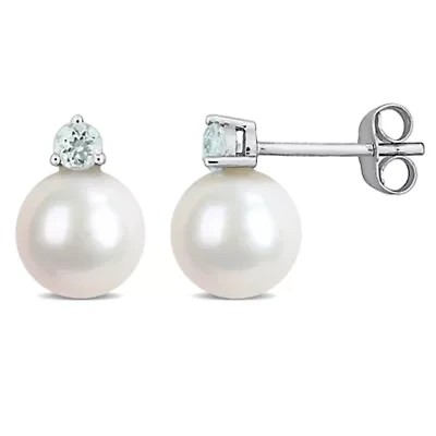7-7.5 mm Freshwater Cultured Pearl and Gemstone Drop Earrings 14k White Gold