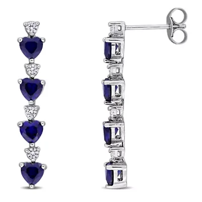 Lab Created Gemstone & White Sapphire Linear Drop Heart Earrings Sterling Silver