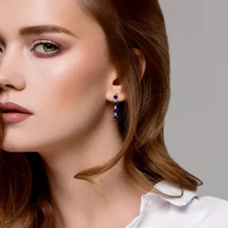 Lab Created Gemstone & White Sapphire Linear Drop Heart Earrings Sterling Silver