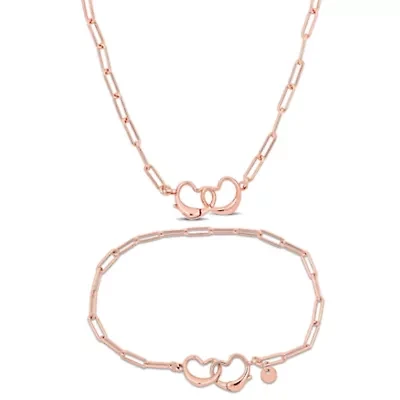 Lock & Key Charm Paperclip Chain Necklace Anklet Set Rose Plated Sterling Silver