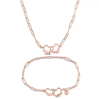 Lock & Key Charm Paperclip Chain Necklace Anklet Set Rose Plated Sterling Silver