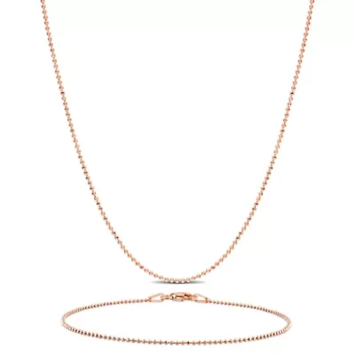 1MM Ball Chain Necklace, Anklet & Bracelet Set Rose Plated Sterling Silver