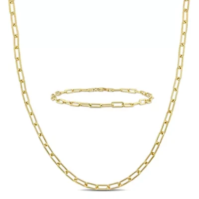 3.5MM Paperclip Chain Necklace & Anklet Set Yellow Plated Sterling Silver
