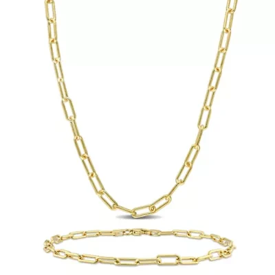 3.5mm Paperclip Chain Necklace & Anklet Set Yellow Plated Sterling Silver