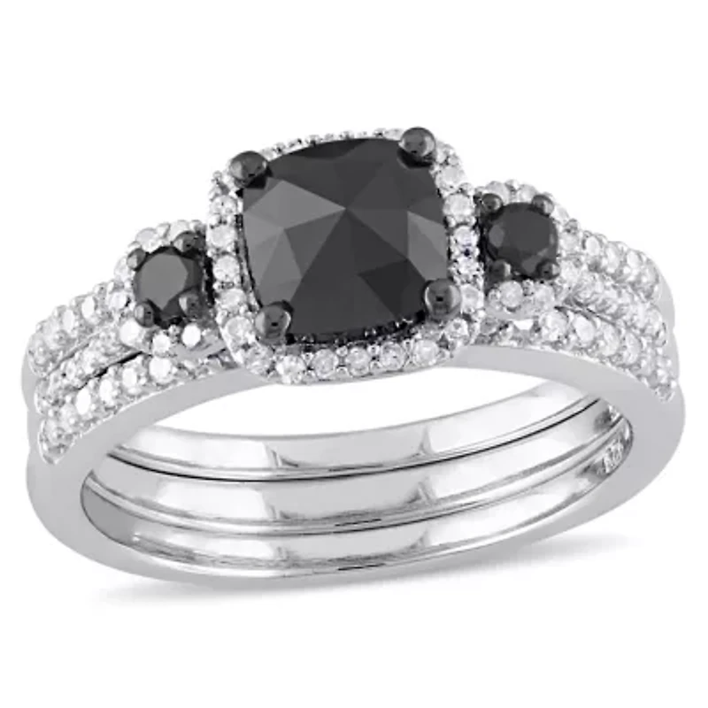 Black & White Diamonds Bridal Set Ring Sterling Silver