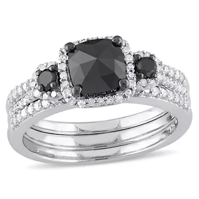 Black & White Diamonds Bridal Set Ring Sterling Silver