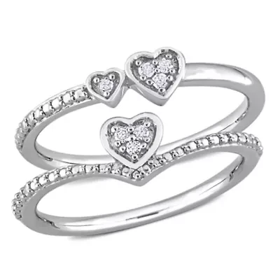 2-Piece Set Diamond Accent Heart & Double Promise Rings Sterling Silver