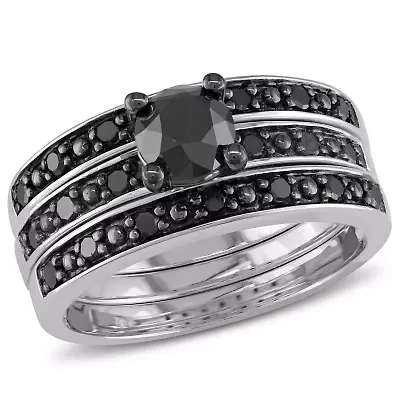 Black Diamond Bridal Ring Set Sterling Silver