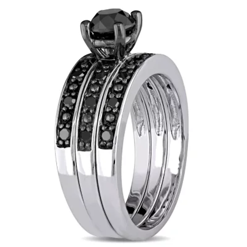 Black Diamond Bridal Ring Set Sterling Silver