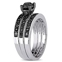 Black Diamond Bridal Ring Set Sterling Silver