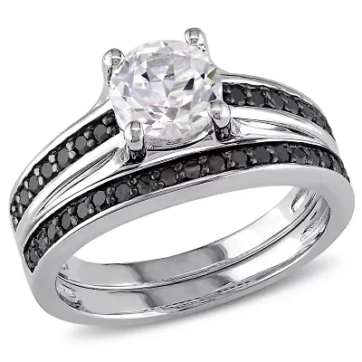 Lab Created Black Diamond & White Sapphire Bridal Set Ring Sterling Silver
