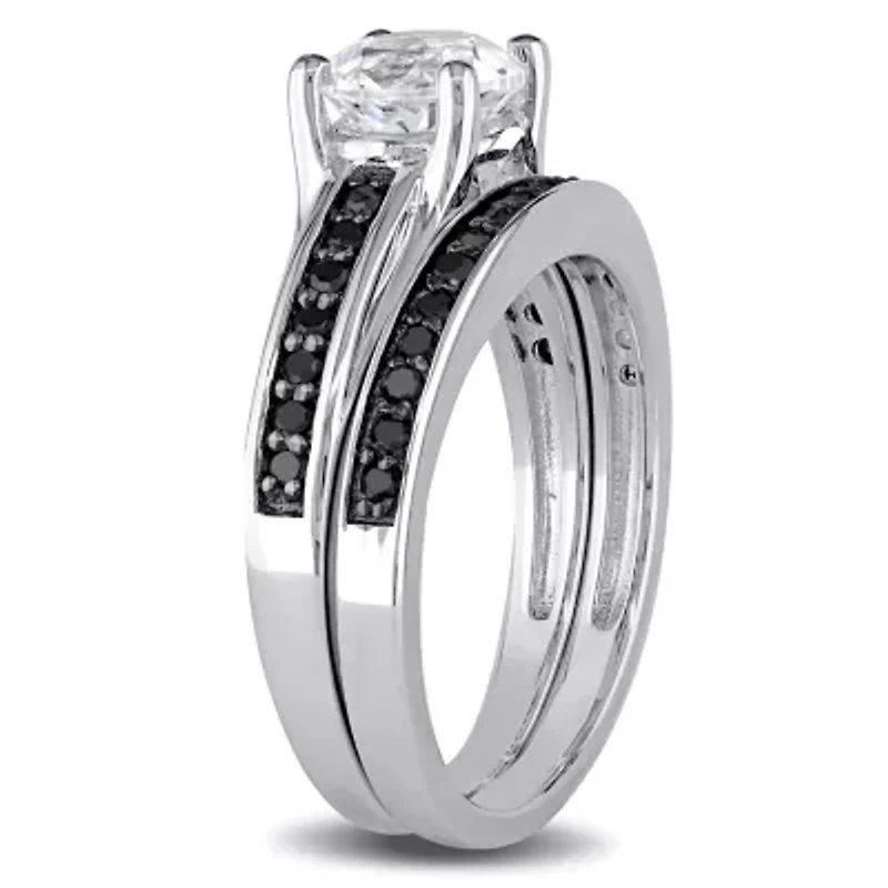 Lab Created Black Diamond & White Sapphire Bridal Set Ring Sterling Silver