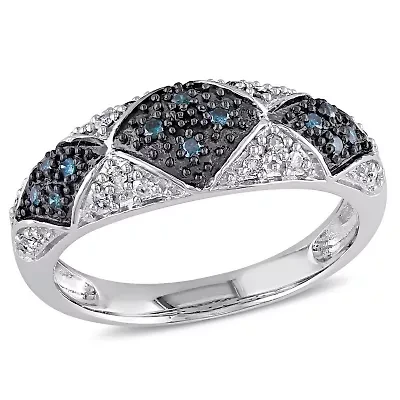 Blue & White Diamond Ring Sterling Silver Black Rhodium Plated
