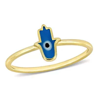 Turquoise & White Enamel Hamsa Ring 14K Yellow Gold