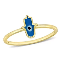 Turquoise & White Enamel Hamsa Ring 14K Yellow Gold